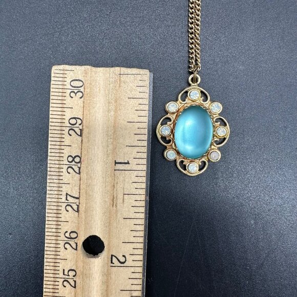 Vintage Moon Glow Necklace Victorian Style Turquoise Gold Tone Pendant Retro - Picture 7 of 8